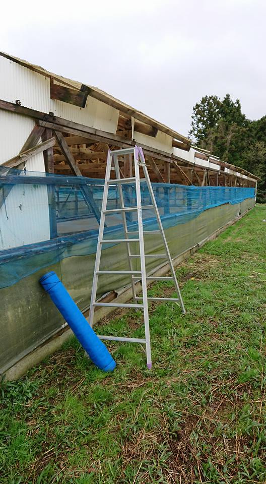 今日も雨の中、倉庫の防風ネット張りです-2018-04-04