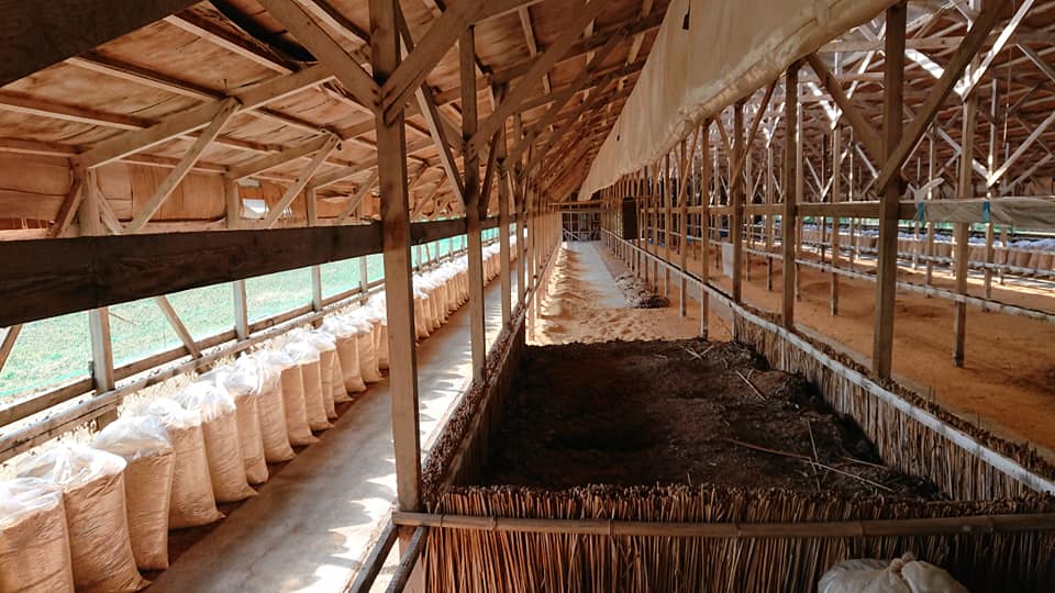 もみがらを袋に詰めて運んで倉庫の両側に並べてました-2019-02-07