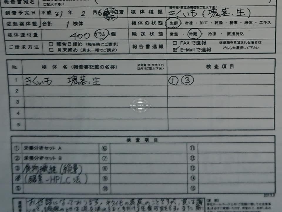 キクイモの栄養成分の分析を依頼することにしました-2019-02-03