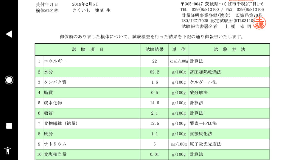 キクイモの栄養成分分析検査の料金を納めました-2019-03-05