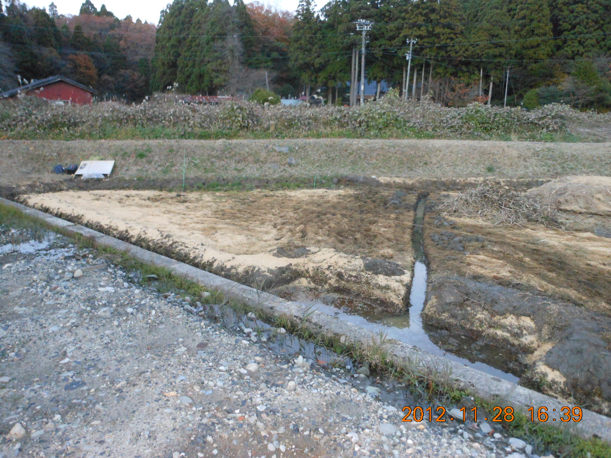 斜めに、もみがら補助明渠。 2012-11-28